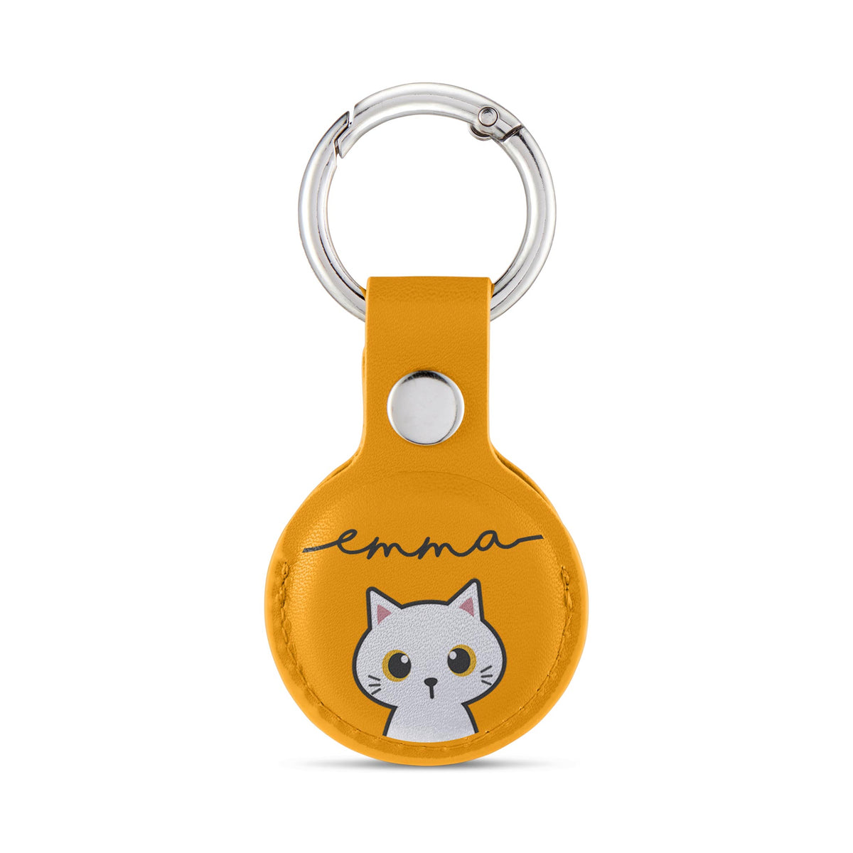 Personalised AirTag Case Keyring Holder Keychain Holder for Air Tag Tracking Device White Kitten Cat Name on Yellow