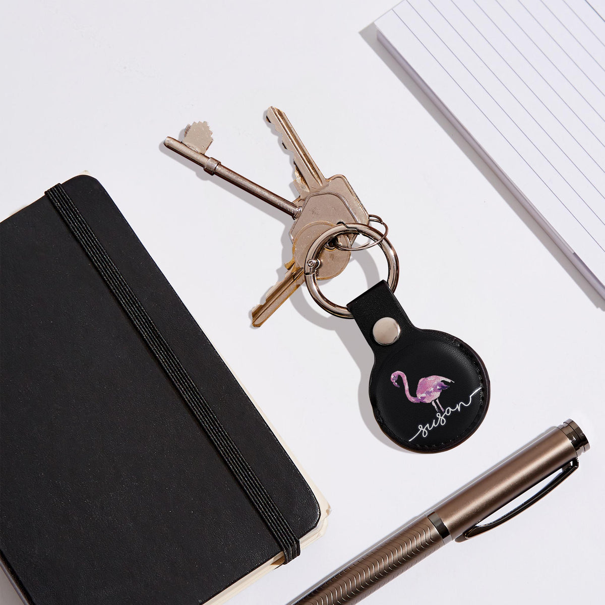 Personalised AirTag Case Keyring Holder Keychain Holder for Air Tag Tracking Device Flamingo Pink Name on Black