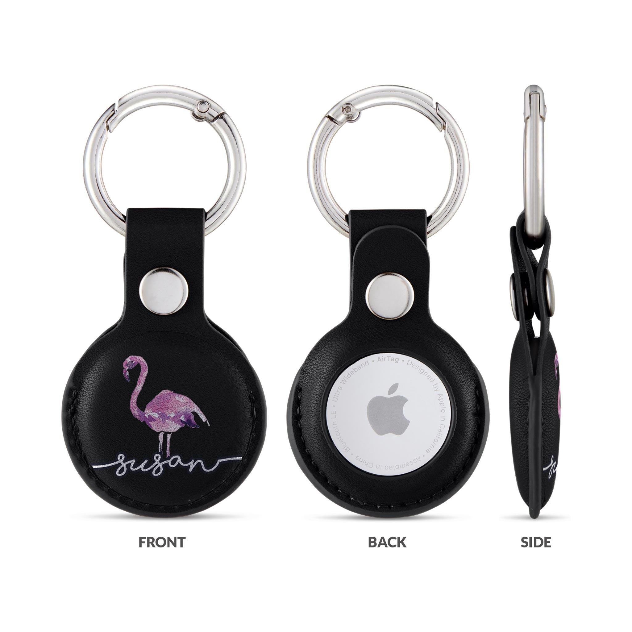 Personalised AirTag Case Keyring Holder Keychain Holder for Air Tag Tracking Device Flamingo Pink Name on Black