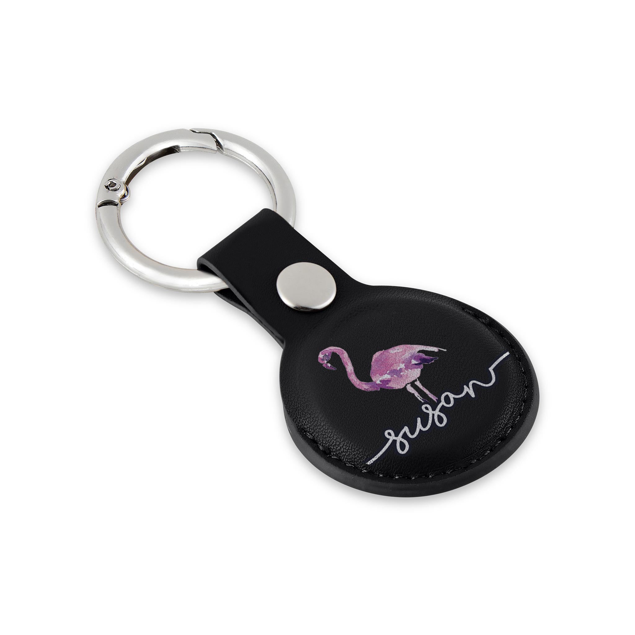 Personalised AirTag Case Keyring Holder Keychain Holder for Air Tag Tracking Device Flamingo Pink Name on Black