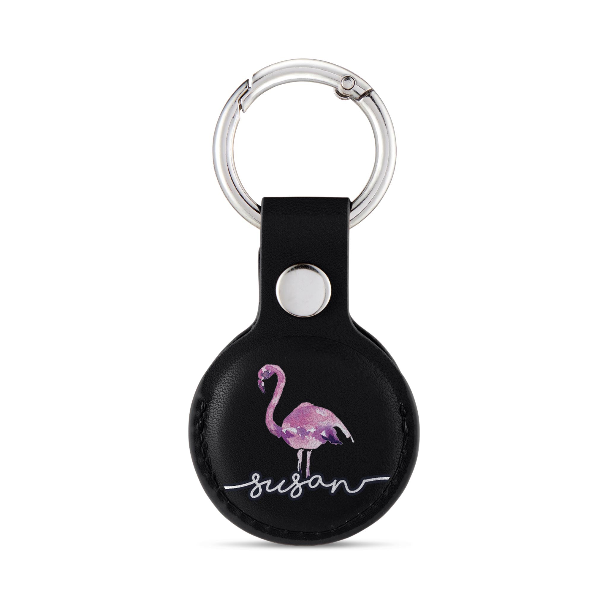 Personalised AirTag Case Keyring Holder Keychain Holder for Air Tag Tracking Device Flamingo Pink Name on Black