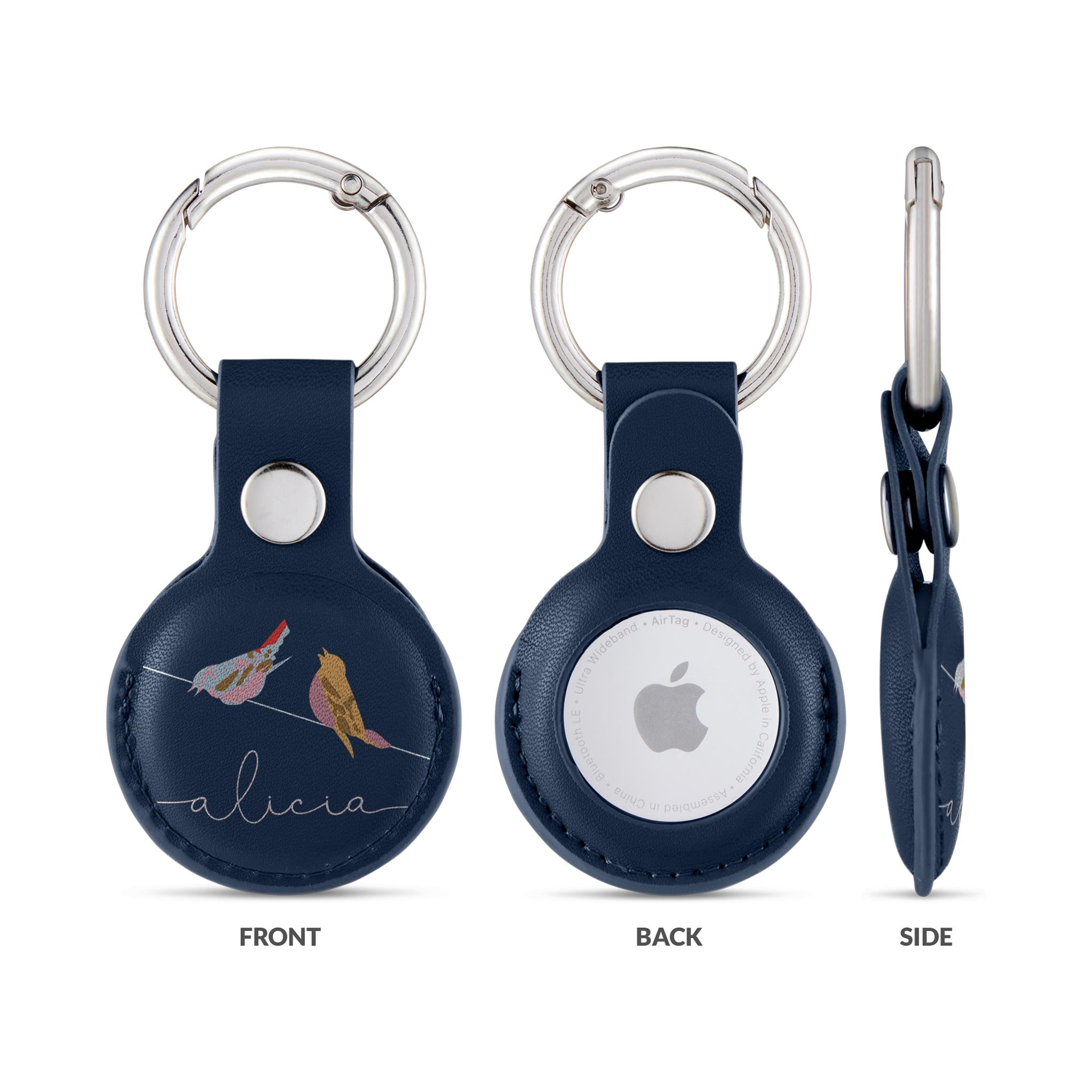 Personalised AirTag Case Keyring Holder Keychain Holder for Air Tag Tracking Device Birds Name Handwritten on Blue