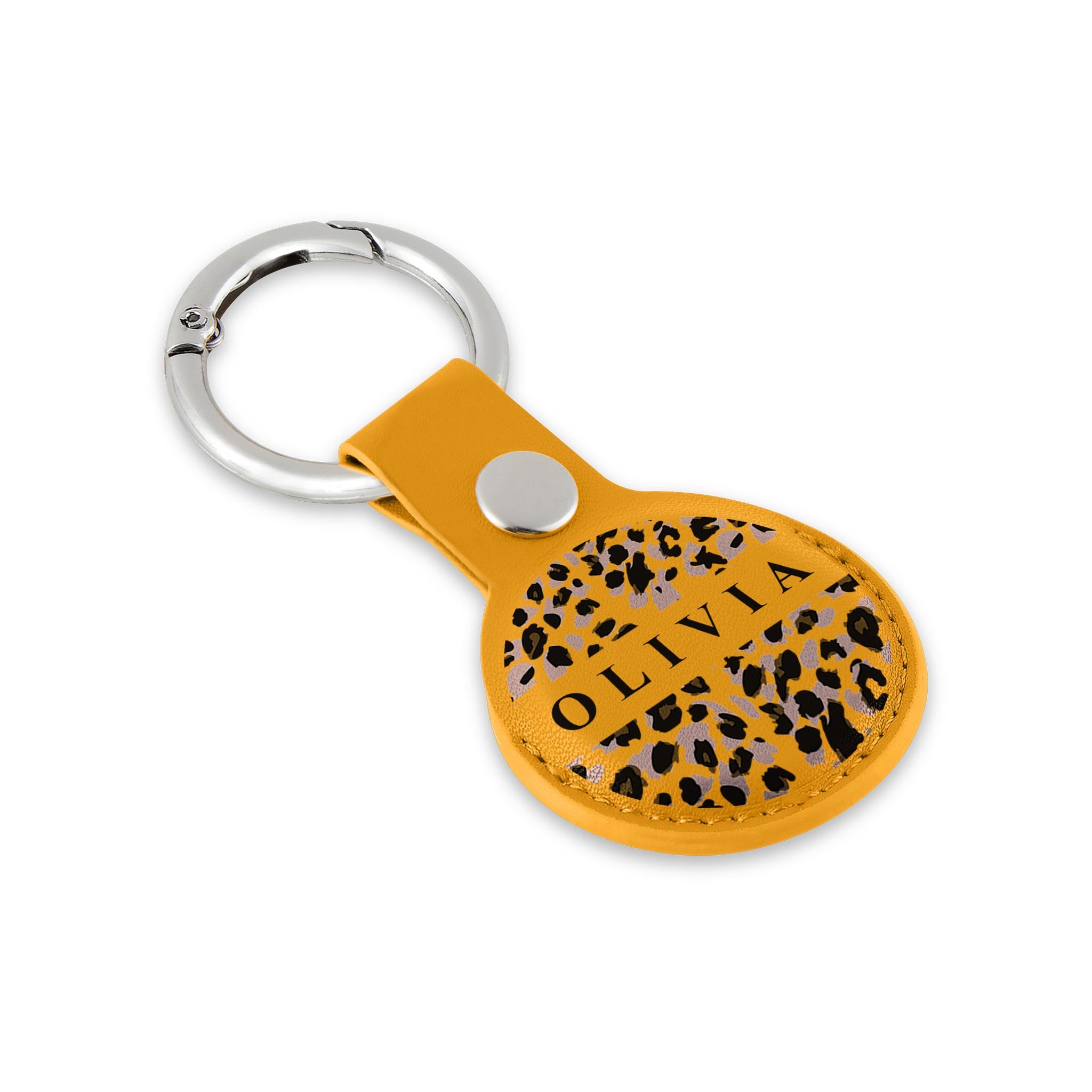 Personalised AirTag Case Keyring Holder Keychain Holder for Air Tag Tracking Device Animal Print Cheetah Name on Yellow