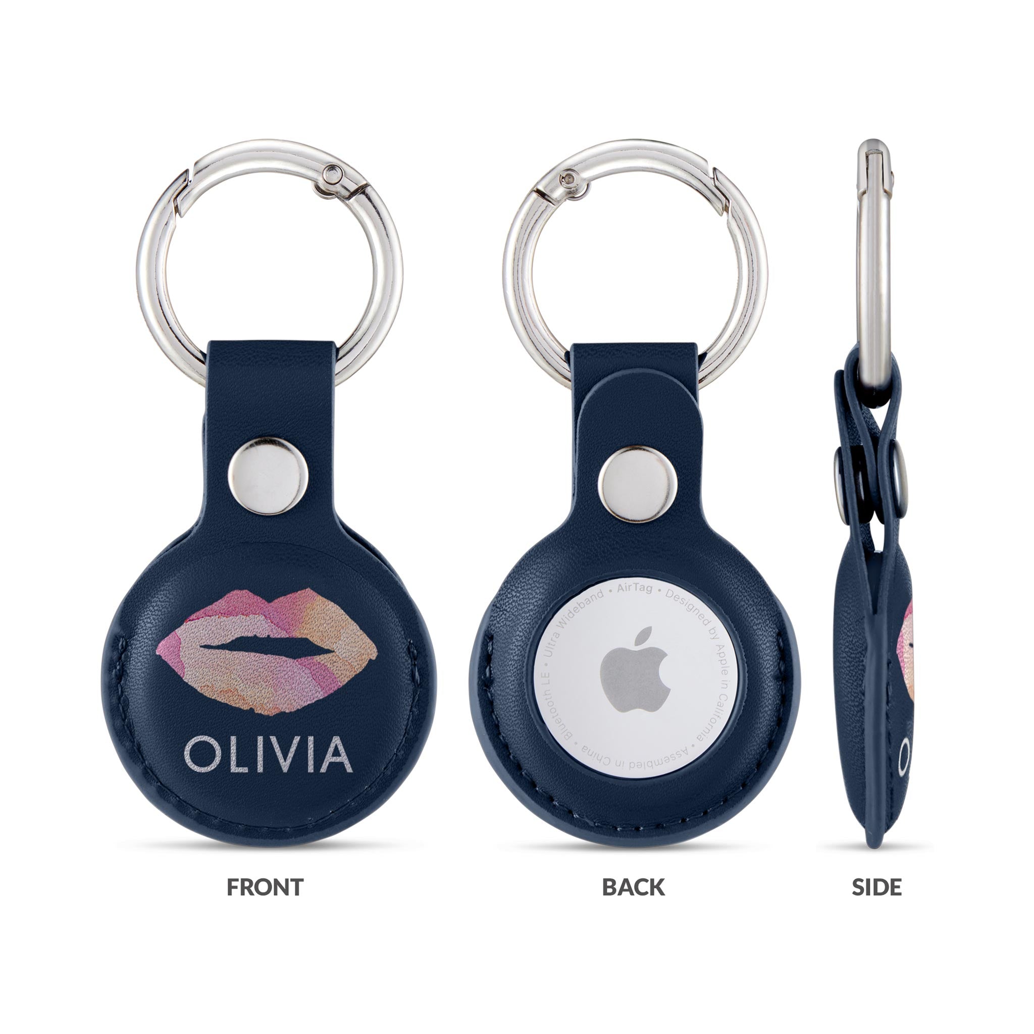 Personalised AirTag Case Keyring Holder Keychain Holder for Air Tag Tracking Device Lips KIss Name on Blue