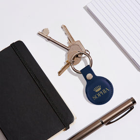 Personalised AirTag Case Keyring Holder Keychain Holder for Air Tag Tracking Device Gold Name Crown on Blue