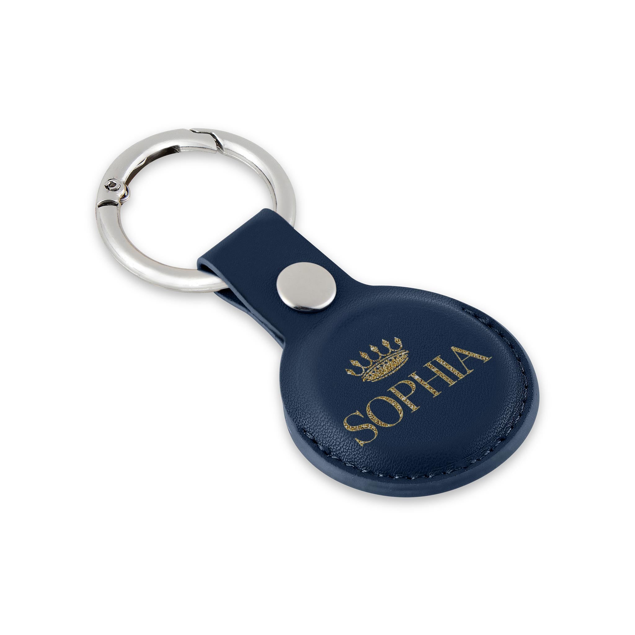 Personalised AirTag Case Keyring Holder Keychain Holder for Air Tag Tracking Device Gold Name Crown on Blue