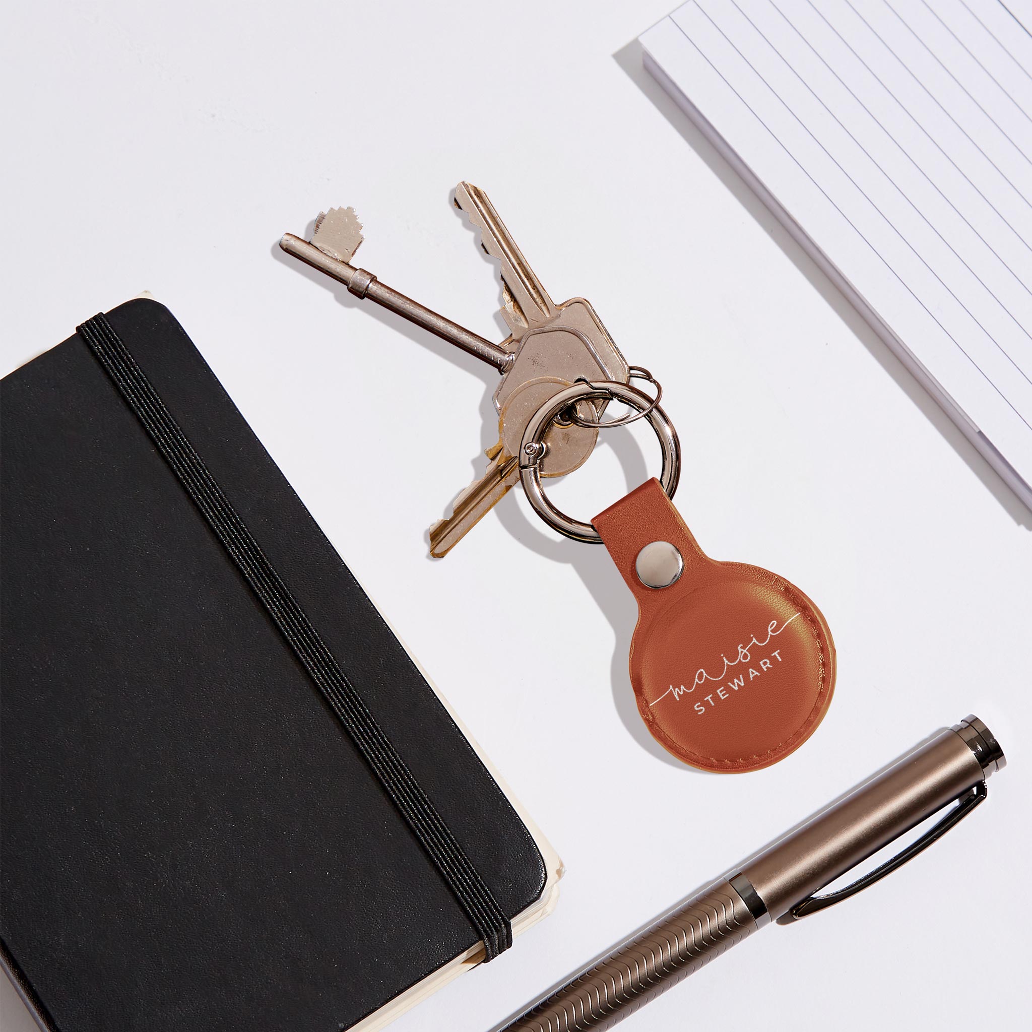 Personalised AirTag Case Keyring Holder Keychain Holder for Air Tag Tracking Device Name Handwritten on Brown