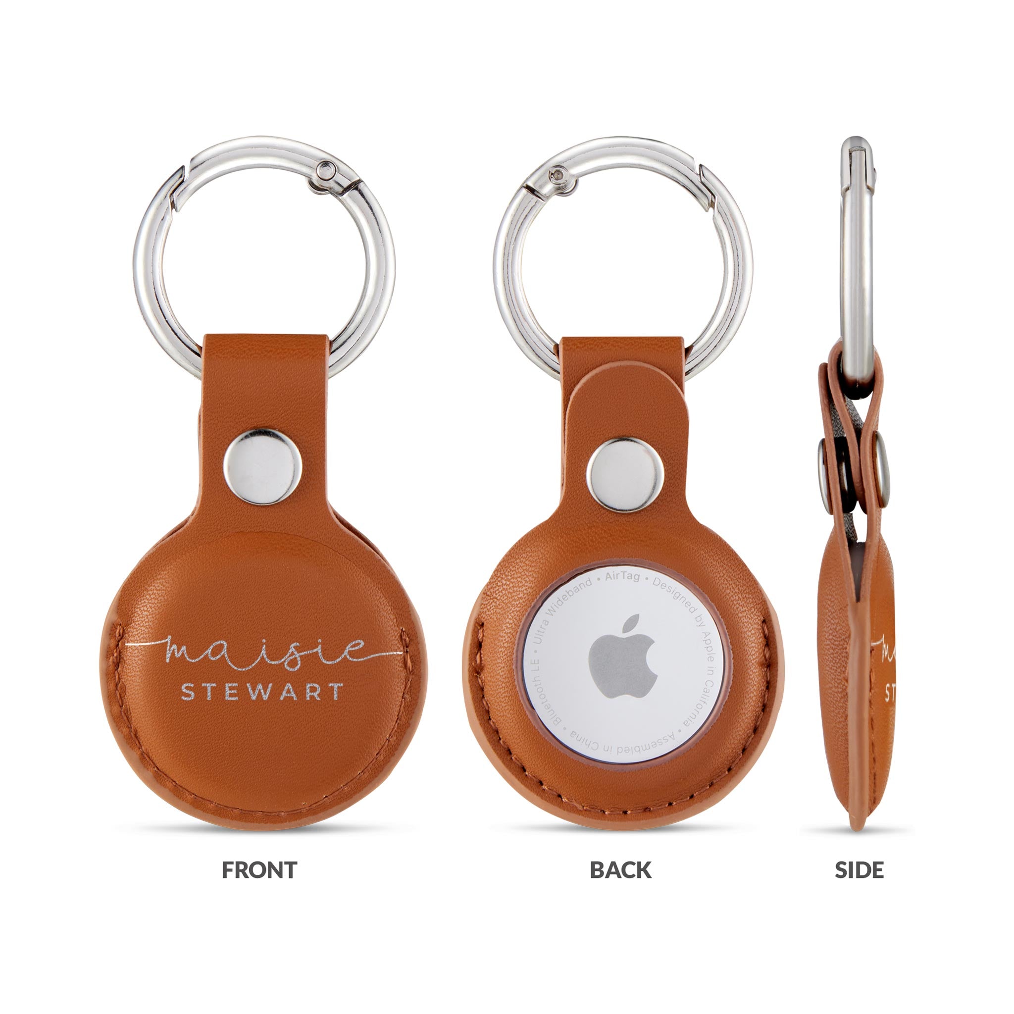 Personalised AirTag Case Keyring Holder Keychain Holder for Air Tag Tracking Device Name Handwritten on Brown