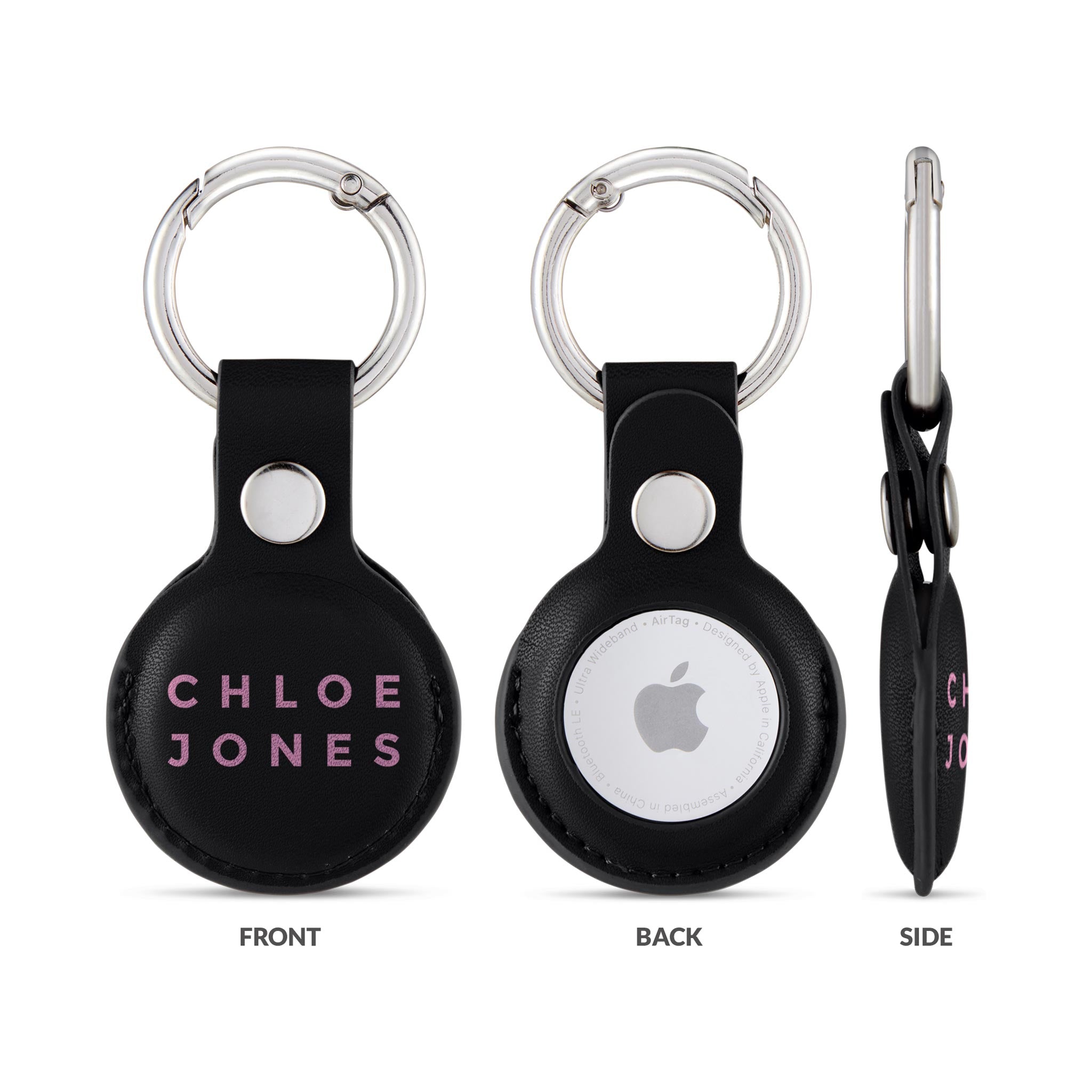 Personalised AirTag Case Keyring Holder Keychain Holder for Air Tag Tracking Device  Name Pink on Black