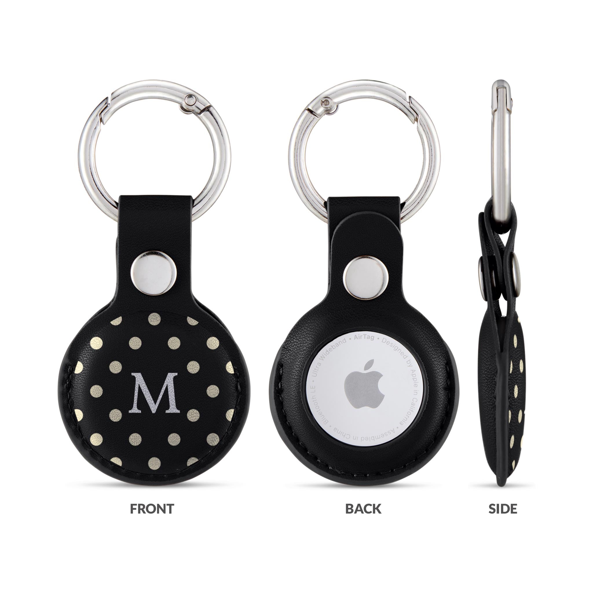 Personalised AirTag Case Keyring Holder Keychain Holder for Air Tag Tracking Device Polka Dots Name on Black