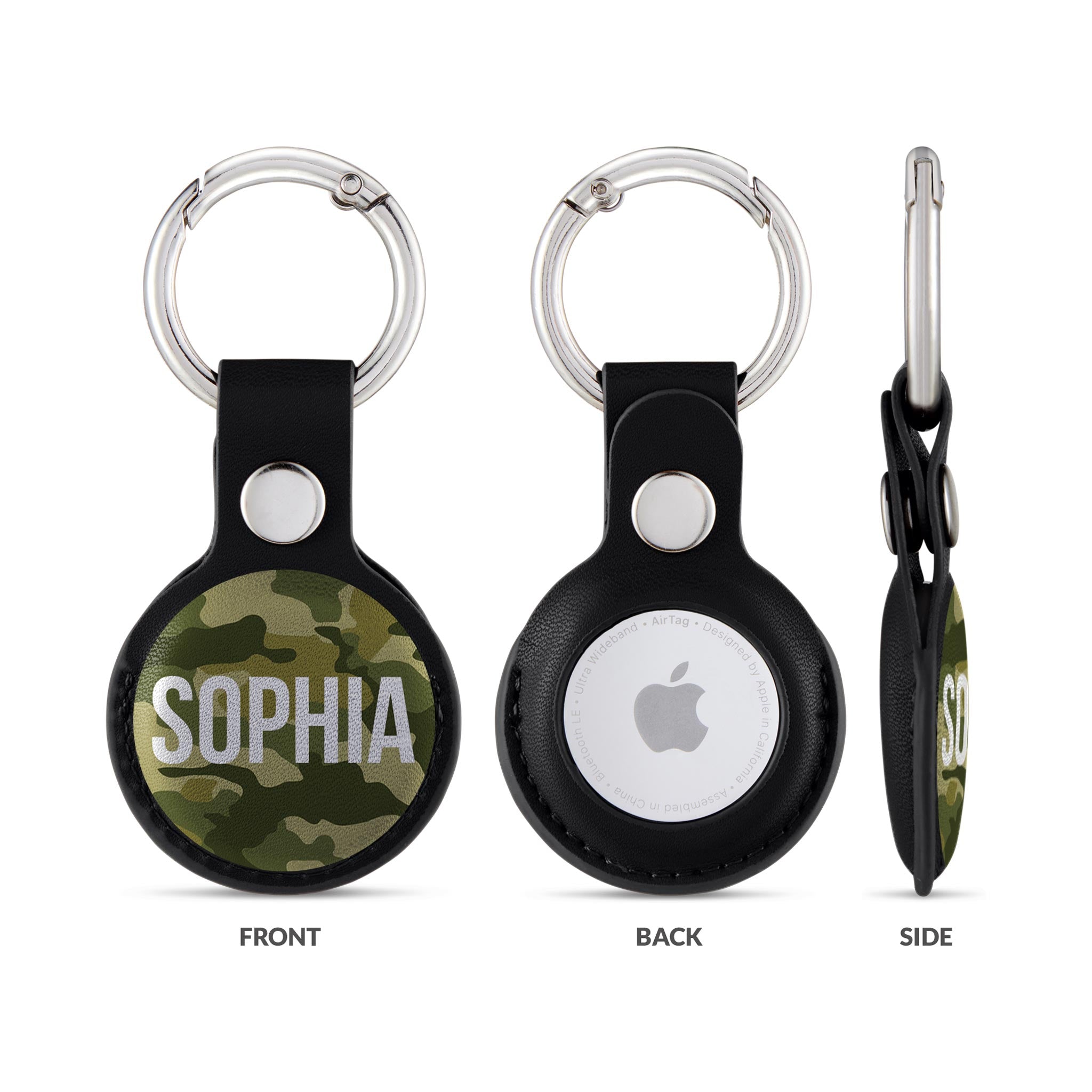 Personalised AirTag Case Keyring Holder Keychain Holder for Air Tag Tracking Device Camo Army Green Name on Black