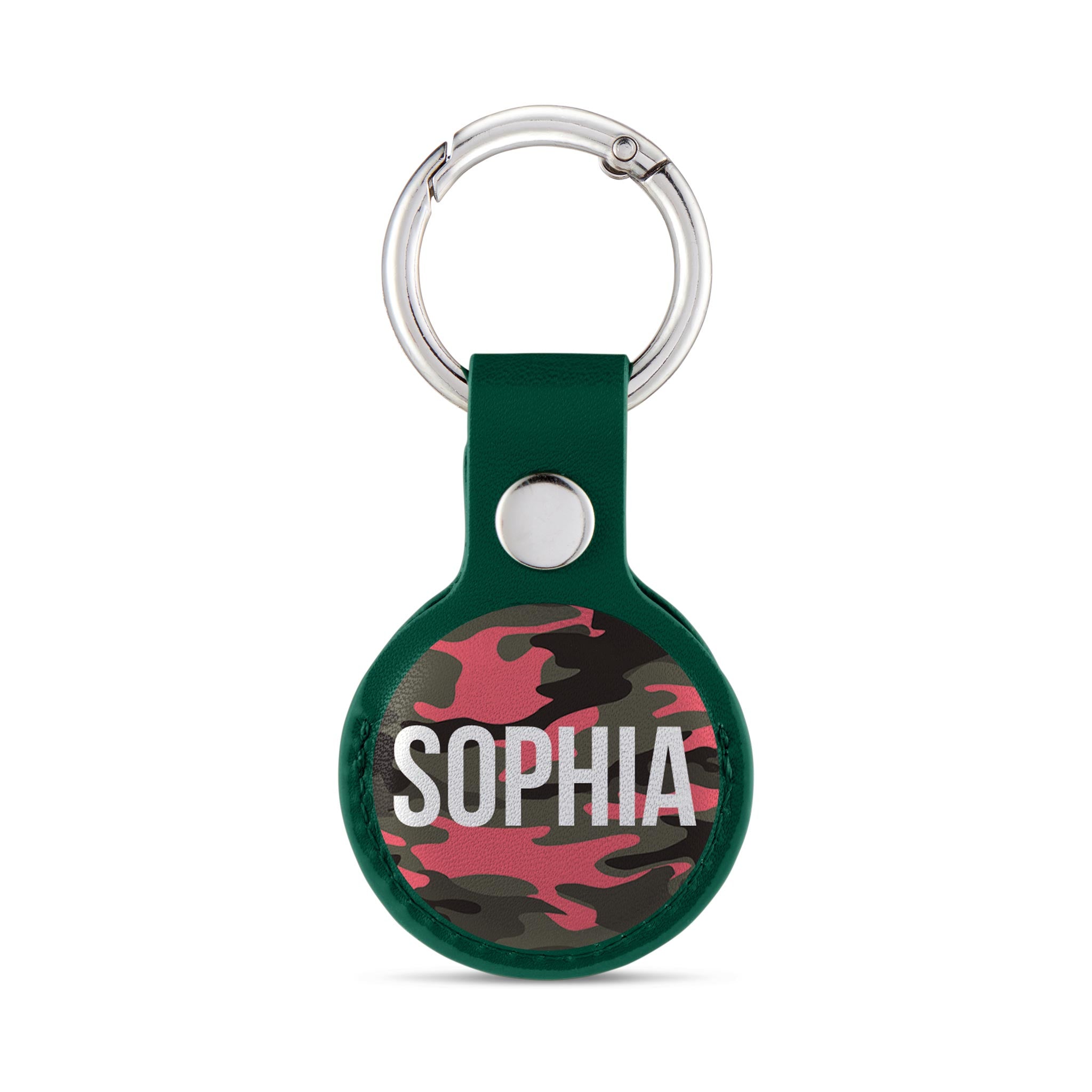 Personalised AirTag Case Keyring Holder Keychain Holder for Air Tag Tracking Device Camo Pink Name on Green