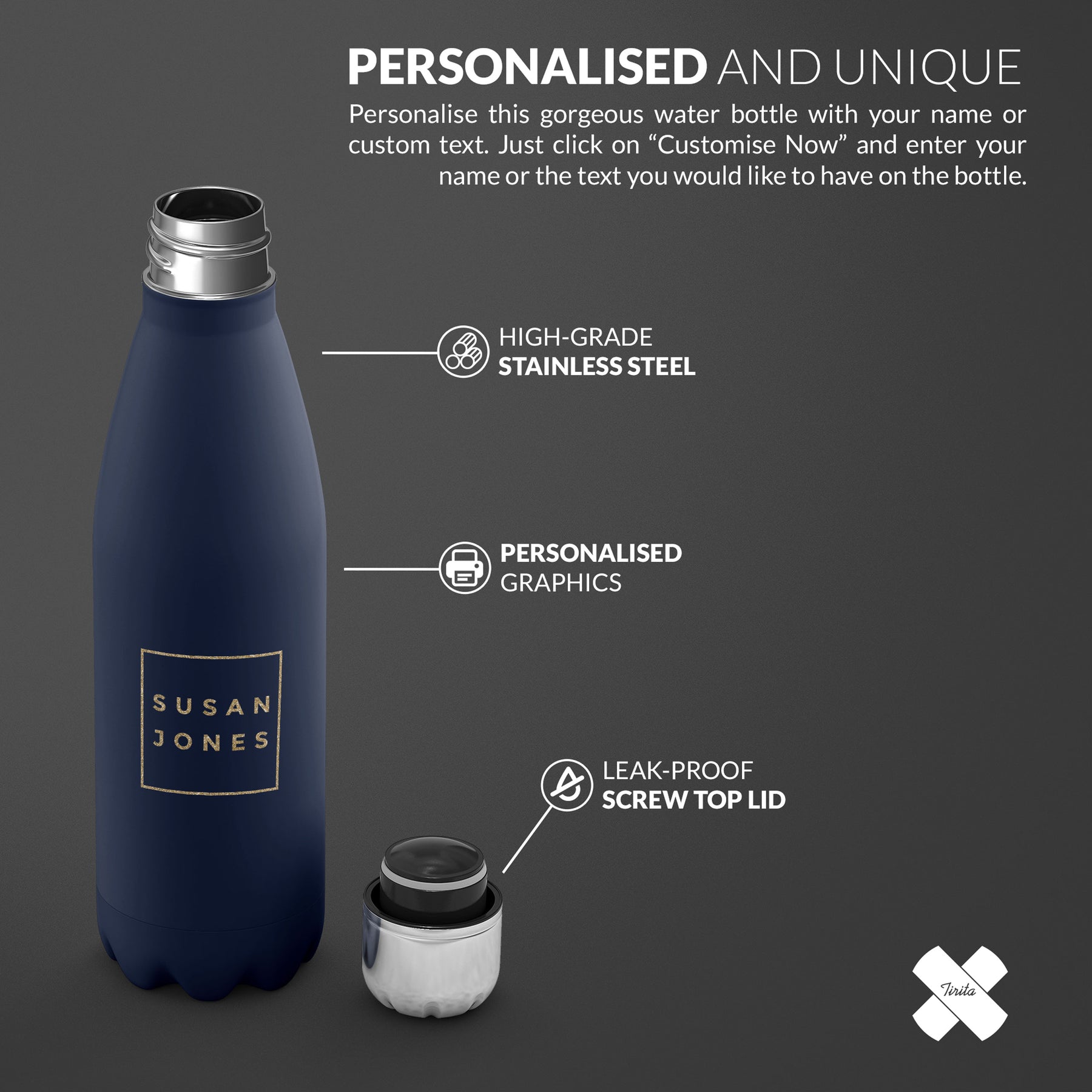 Personalised Water Bottle Name Golden in Square