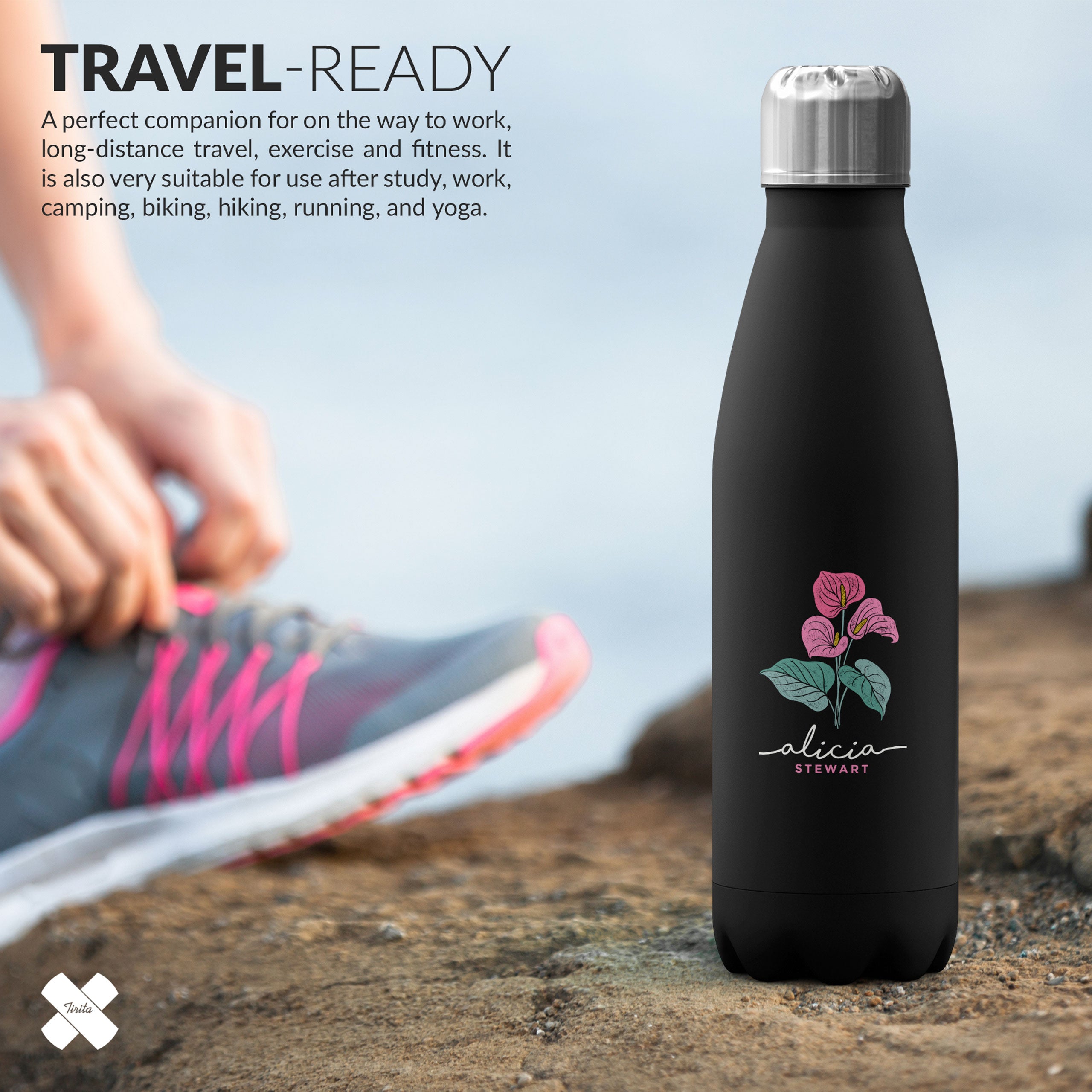 Personalised Water Bottle Flamingo Flower