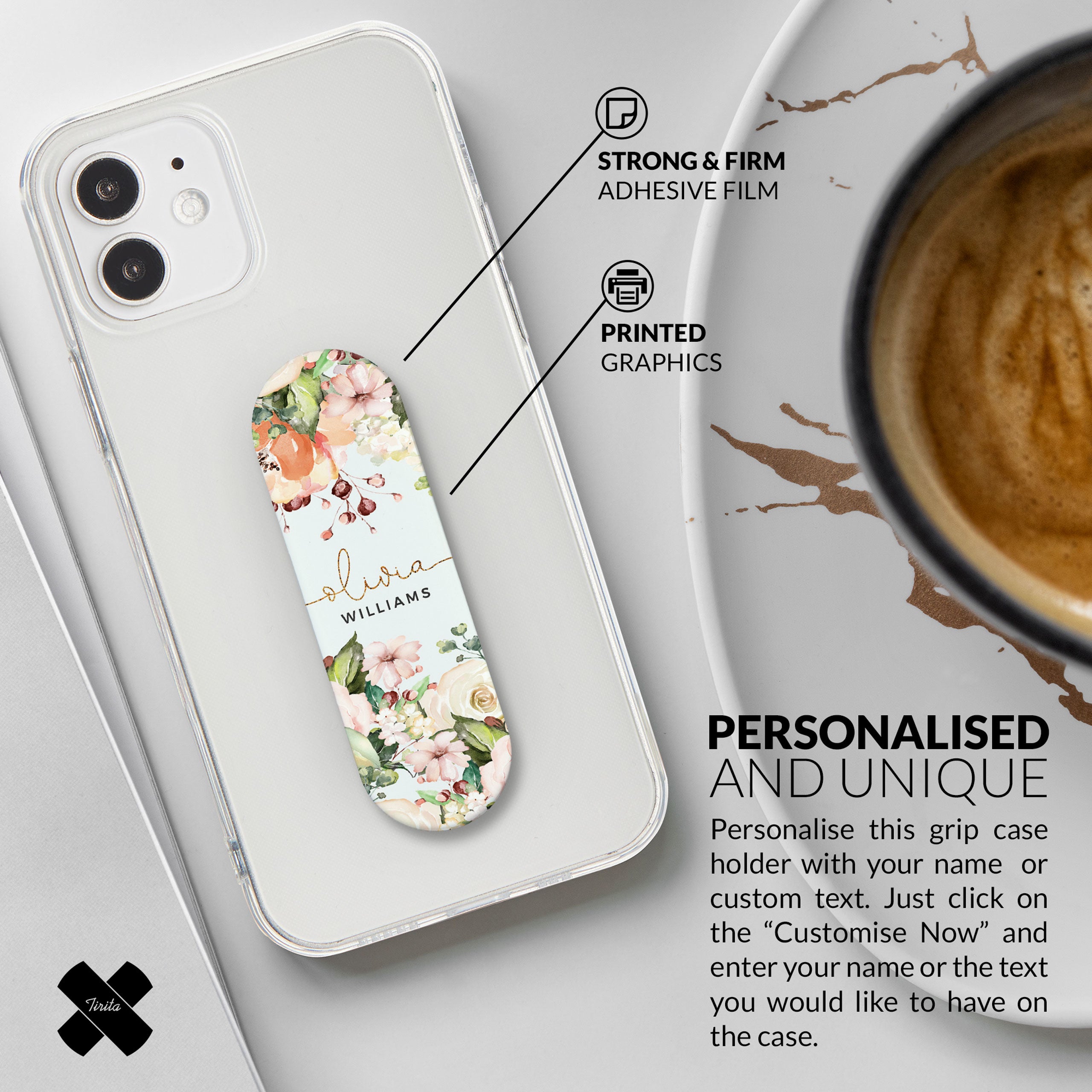 Personalised Phone Grip Holder Finger Strap Floral Gentle Pink Flowers