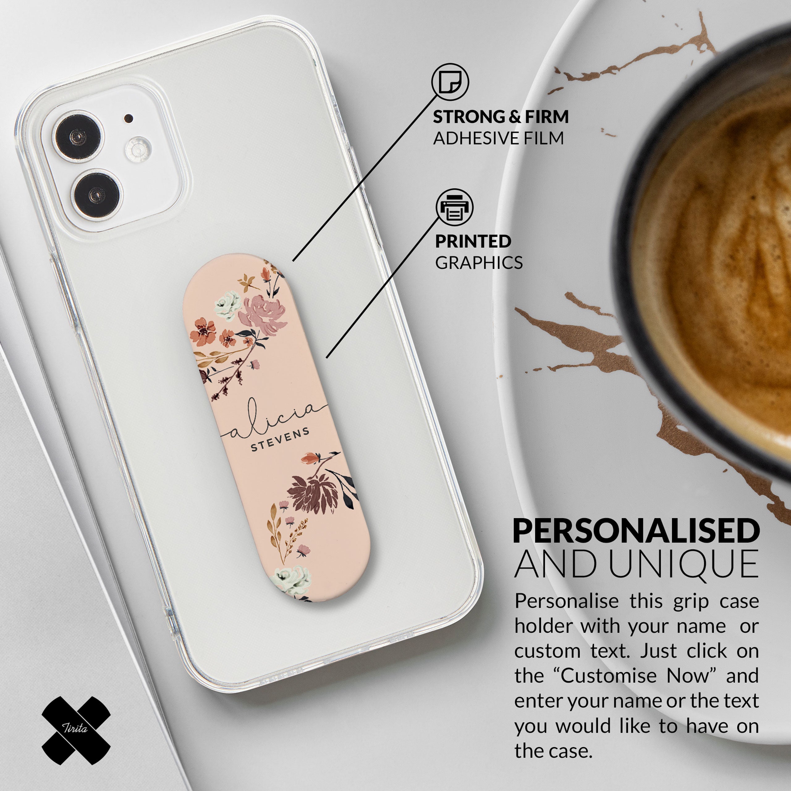 Personalised Phone Grip Holder Finger Strap Floral Blush Wild Flowers Branch