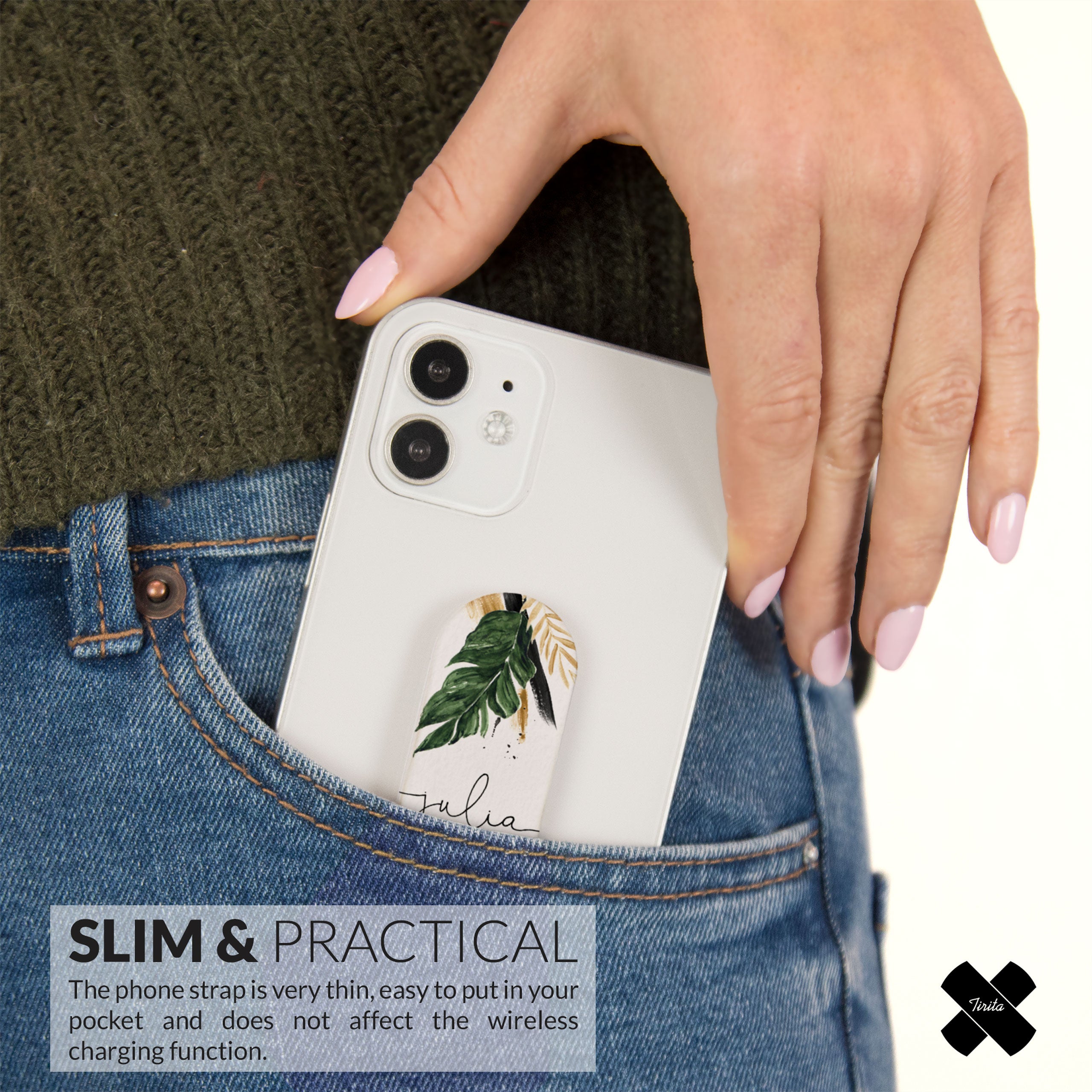 Personalised Phone Grip Holder Finger Strap Tropical Greenery Palm Leaf