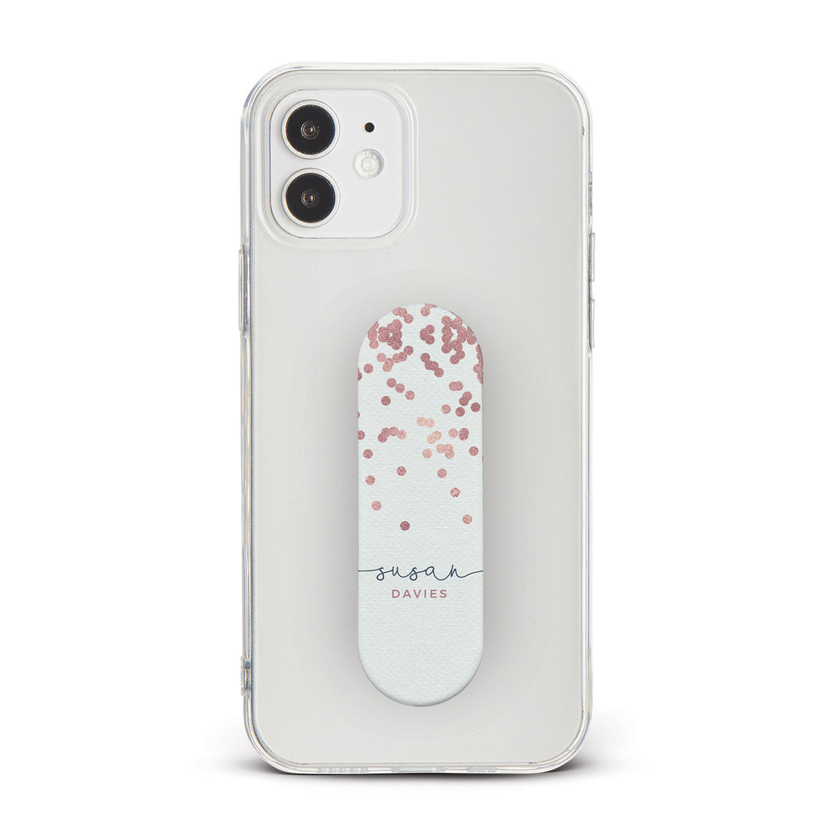 Personalised Phone Grip Holder Finger Strap Rose Gold Dots Confetti Rain