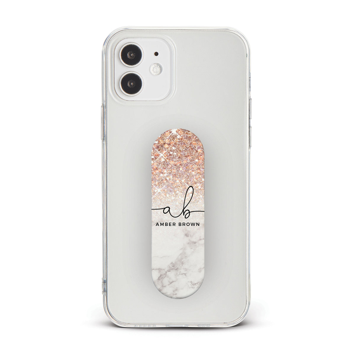 Personalised Phone Grip Holder Finger Strap Marble Rose Gold Sequins