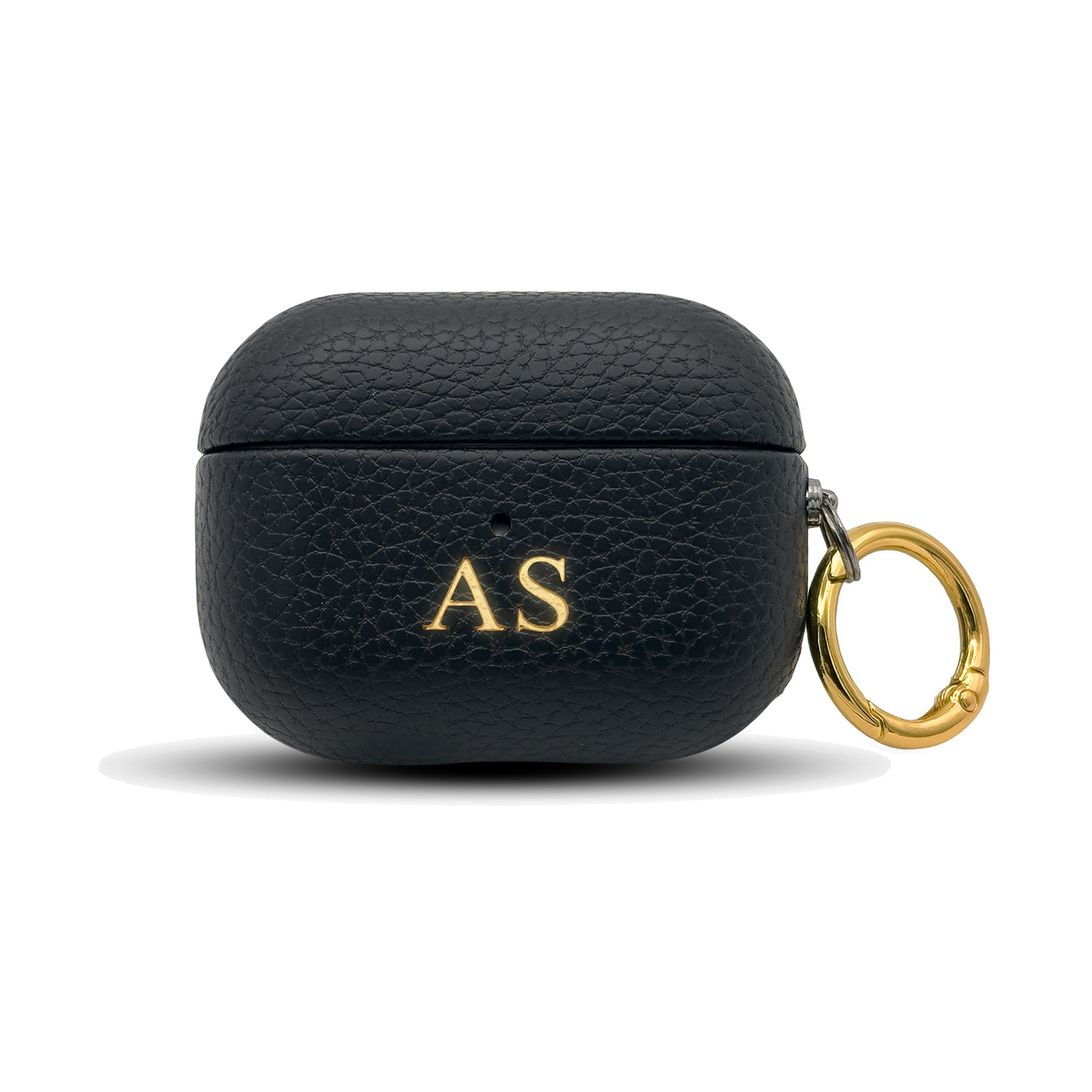 Personalised leather AirPods case in Black with gold embossed initials
