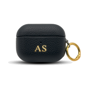 Personalised leather AirPods case in Black with gold embossed initials