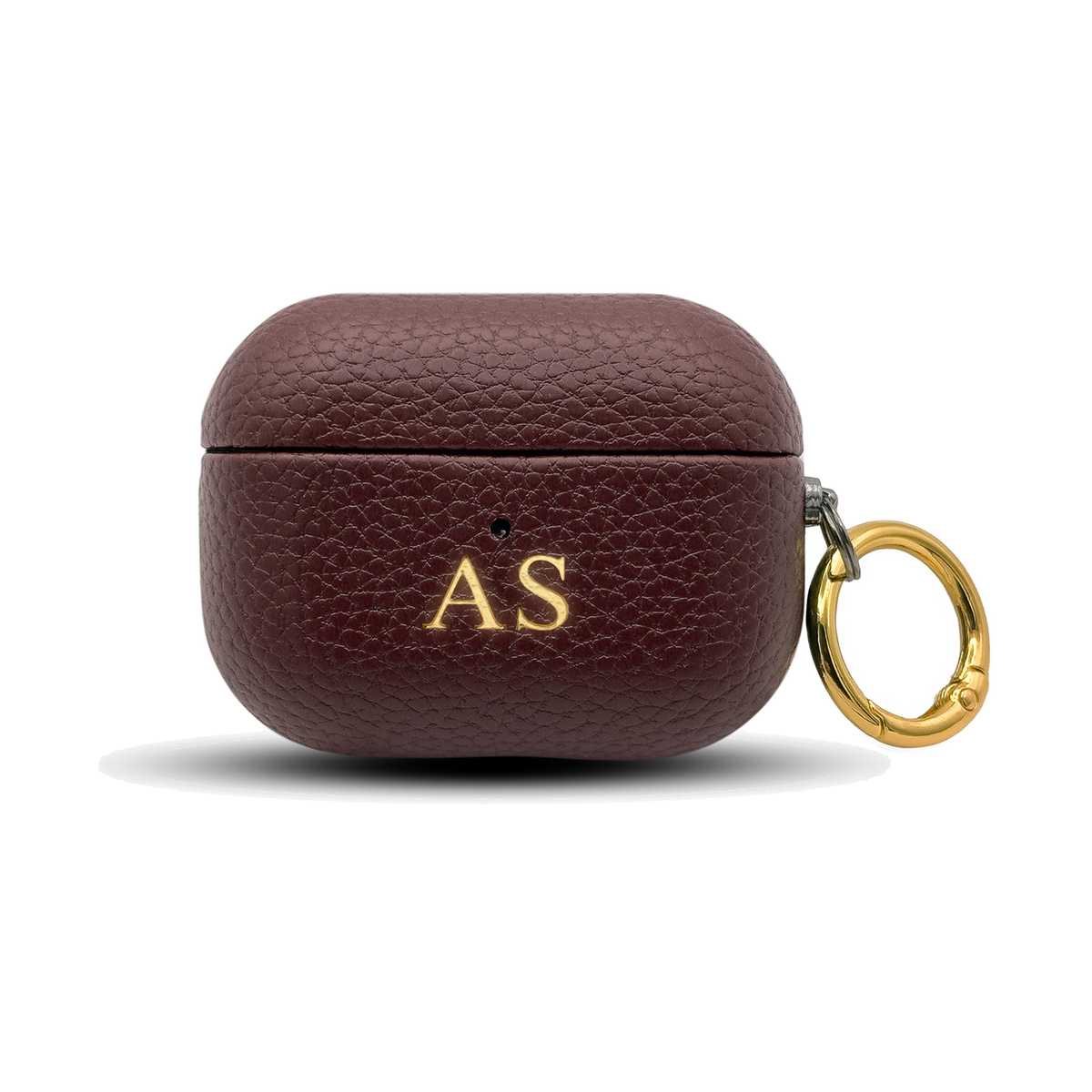 Personalised leather AirPods case in Burgundy with gold embossed initials