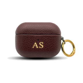 Personalised leather AirPods case in Burgundy with gold embossed initials