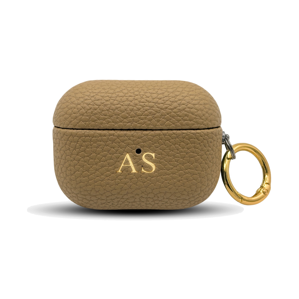 Personalised leather AirPods case in Beige with gold embossed initials
