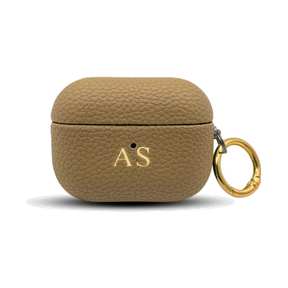 Personalised leather AirPods case in Beige with gold embossed initials