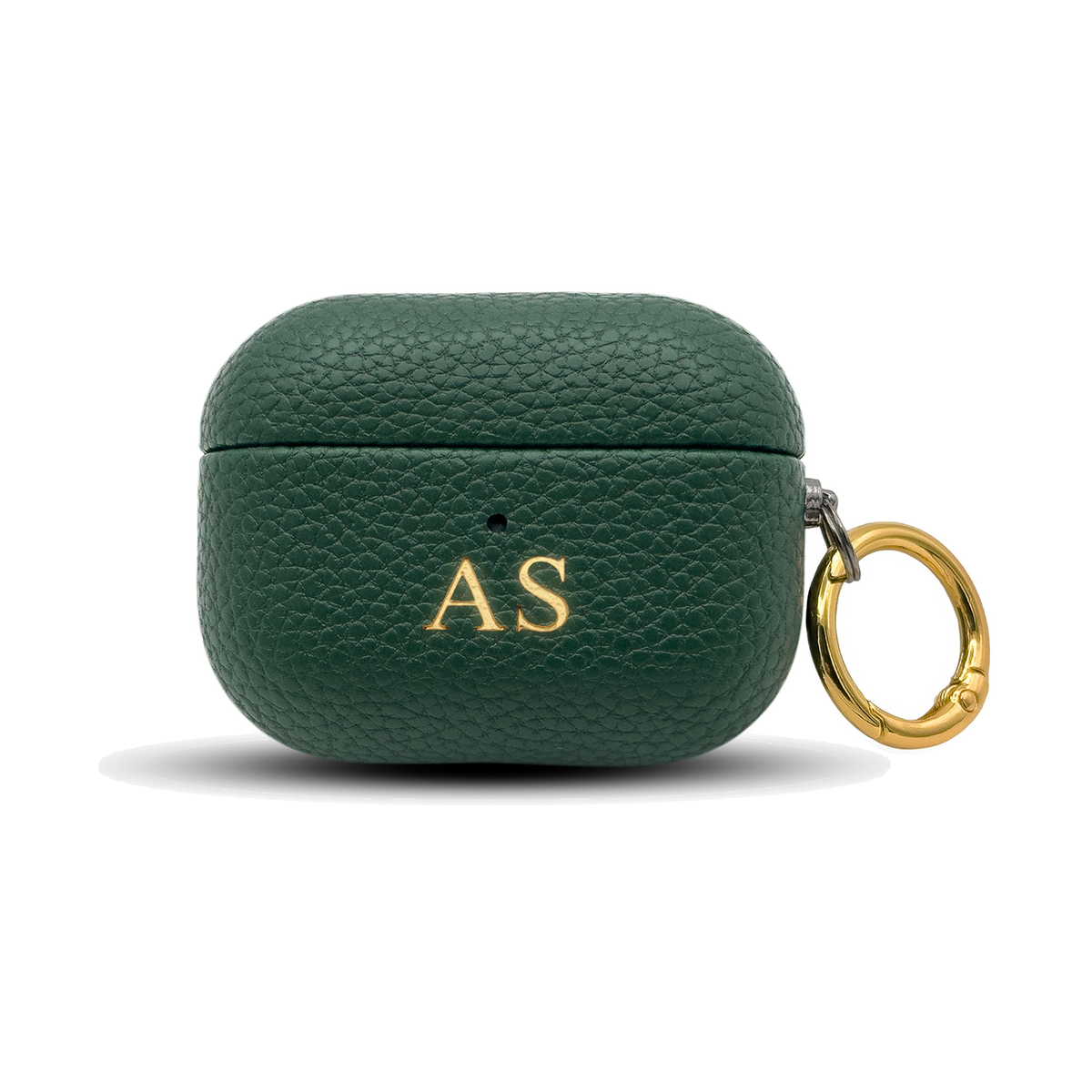 Personalised leather AirPods case in Green with gold embossed initials