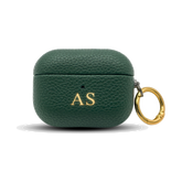 Personalised leather AirPods case in Green with gold embossed initials
