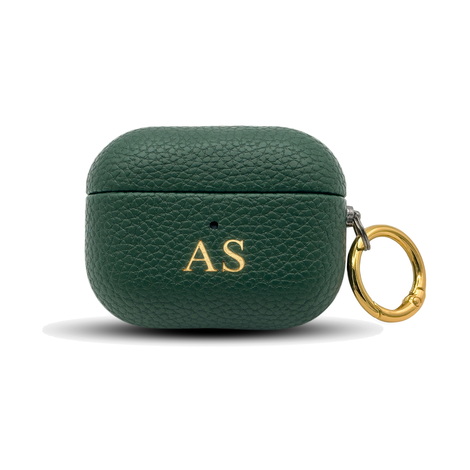 Personalised leather AirPods case in Green with gold embossed initials