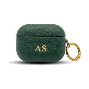 Personalised leather AirPods case in Green with gold embossed initials