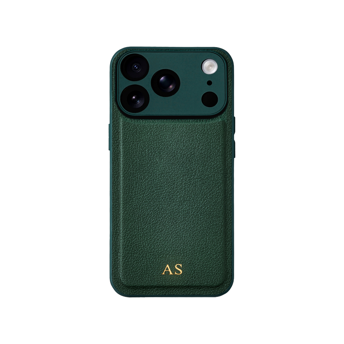 Personalised leather iPhone case in Green with gold embossed initials
