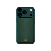 Personalised leather iPhone case in Green with gold embossed initials