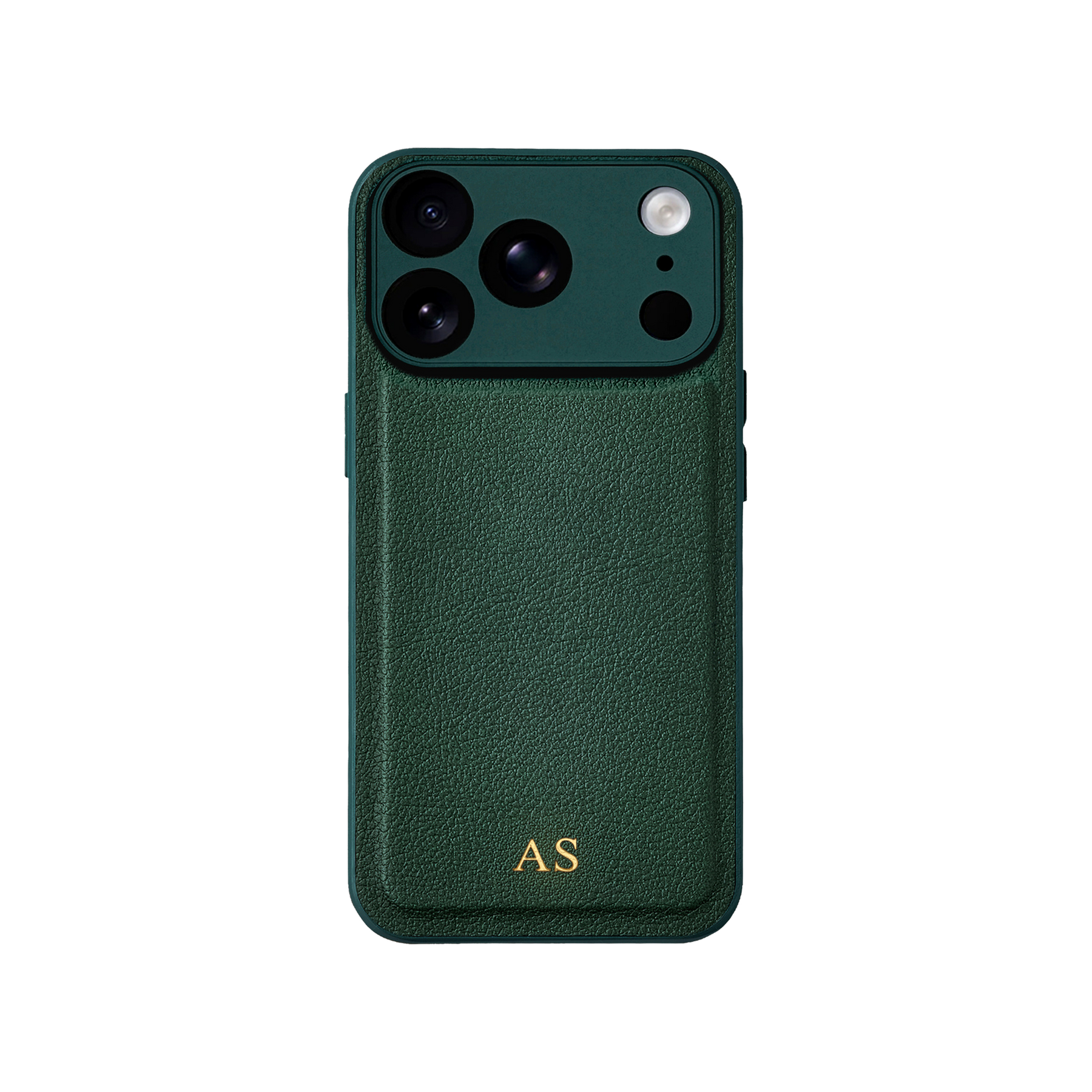 Personalised leather iPhone case in Green with gold embossed initials