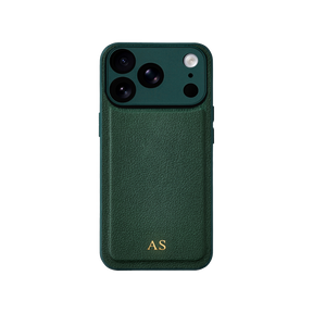Personalised leather iPhone case in Green with gold embossed initials