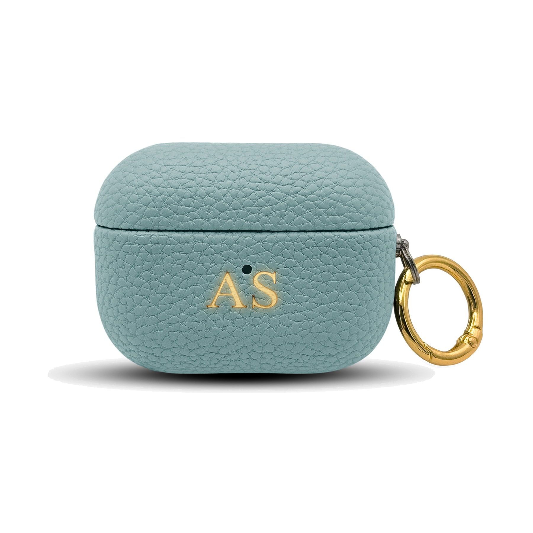 Personalised leather AirPods case in Light Blue with gold embossed initials
