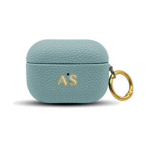 Personalised leather AirPods case in Light Blue with gold embossed initials