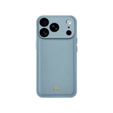 Personalised leather iPhone case in Light Blue with gold embossed initials