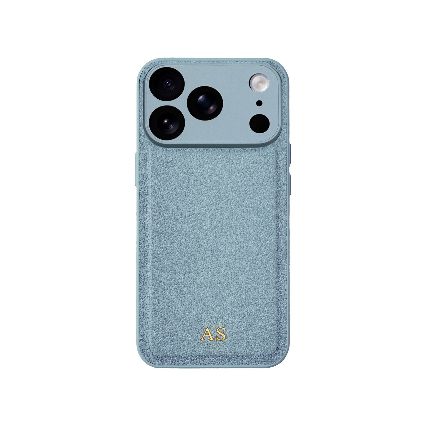 Personalised leather iPhone case in Light Blue with gold embossed initials