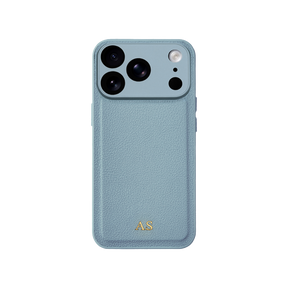 Personalised leather iPhone case in Light Blue with gold embossed initials