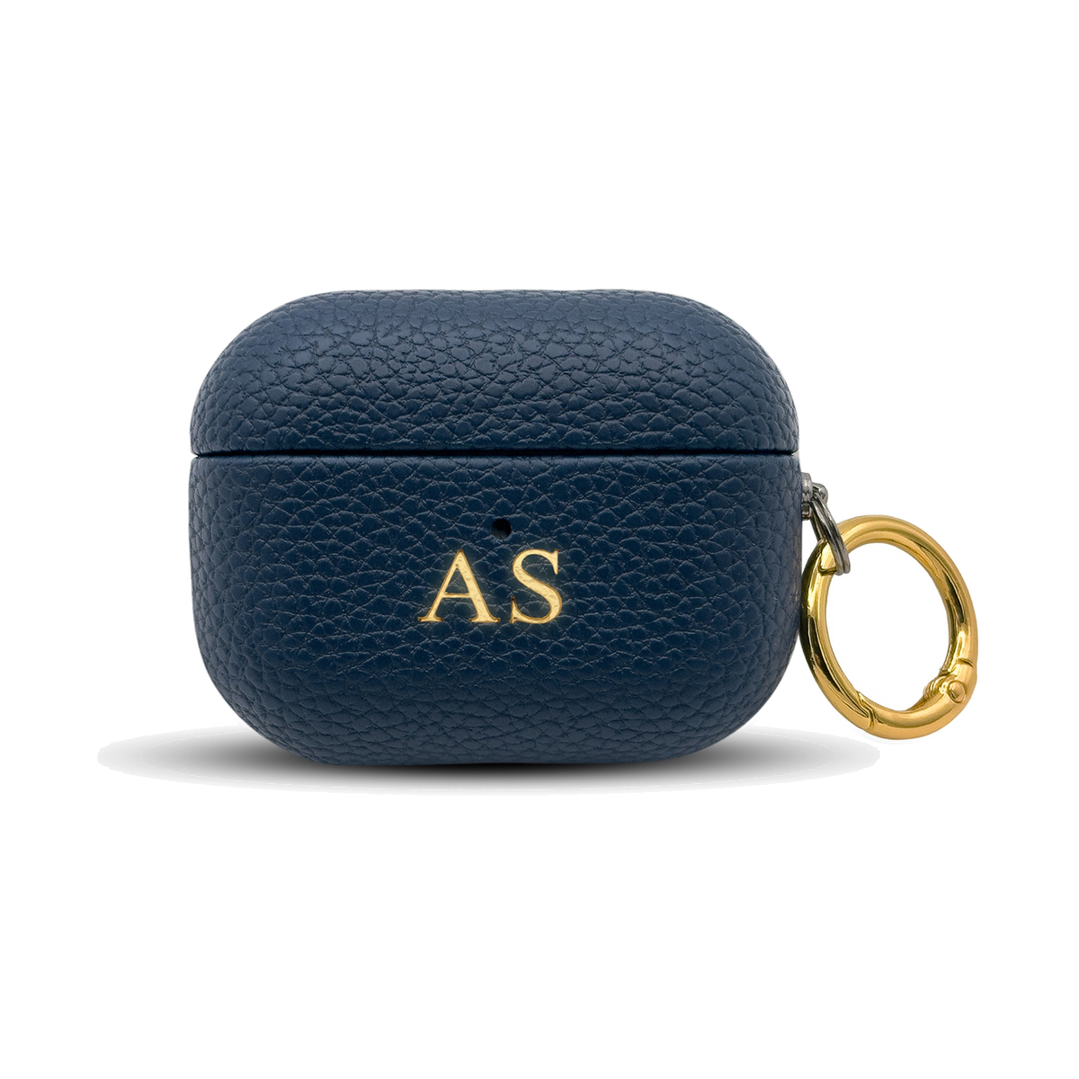 Personalised leather AirPods case in Navy Blue with gold embossed initials