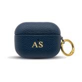 Personalised leather AirPods case in Navy Blue with gold embossed initials
