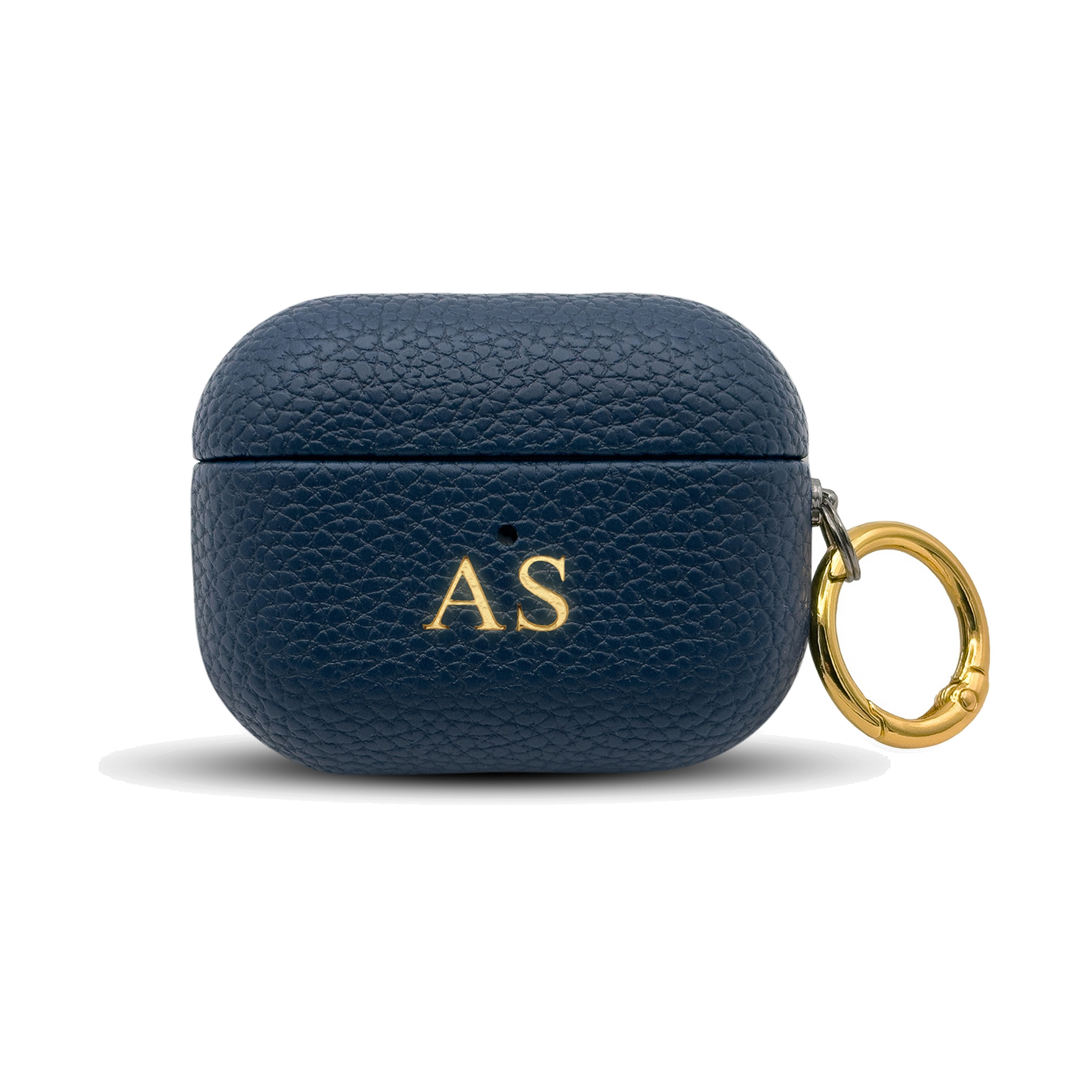 Personalised leather AirPods case in Navy Blue with gold embossed initials