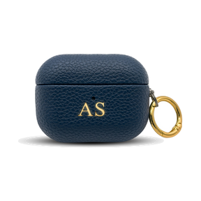 Personalised leather AirPods case in Navy Blue with gold embossed initials