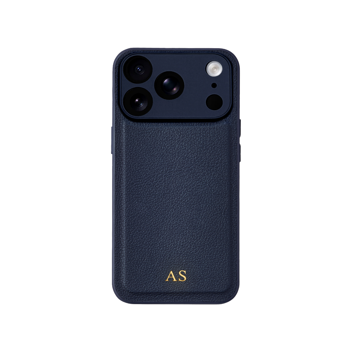 Personalised leather iPhone case in Navy Blue with gold embossed initials