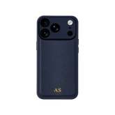 Personalised leather iPhone case in Navy Blue with gold embossed initials