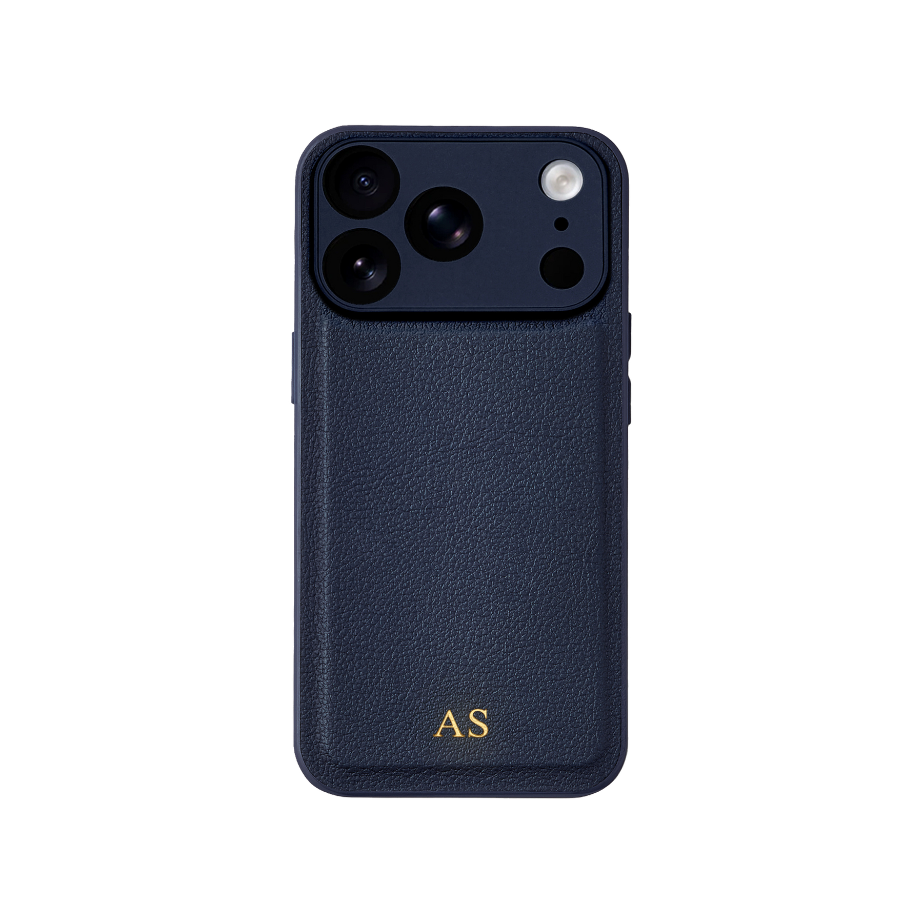 Personalised leather iPhone case in Navy Blue with gold embossed initials