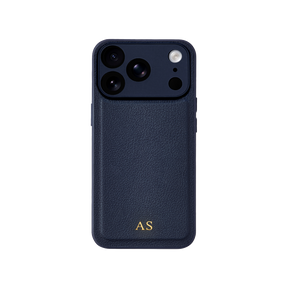 Personalised leather iPhone case in Navy Blue with gold embossed initials